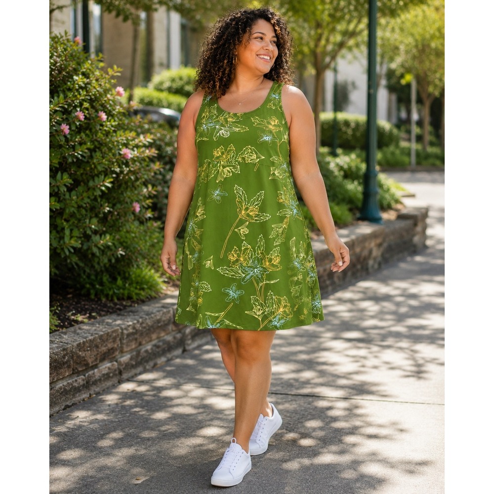 Columbia Womans Large Dress Sleeveless Floral Green Quick dry Halter Stretch